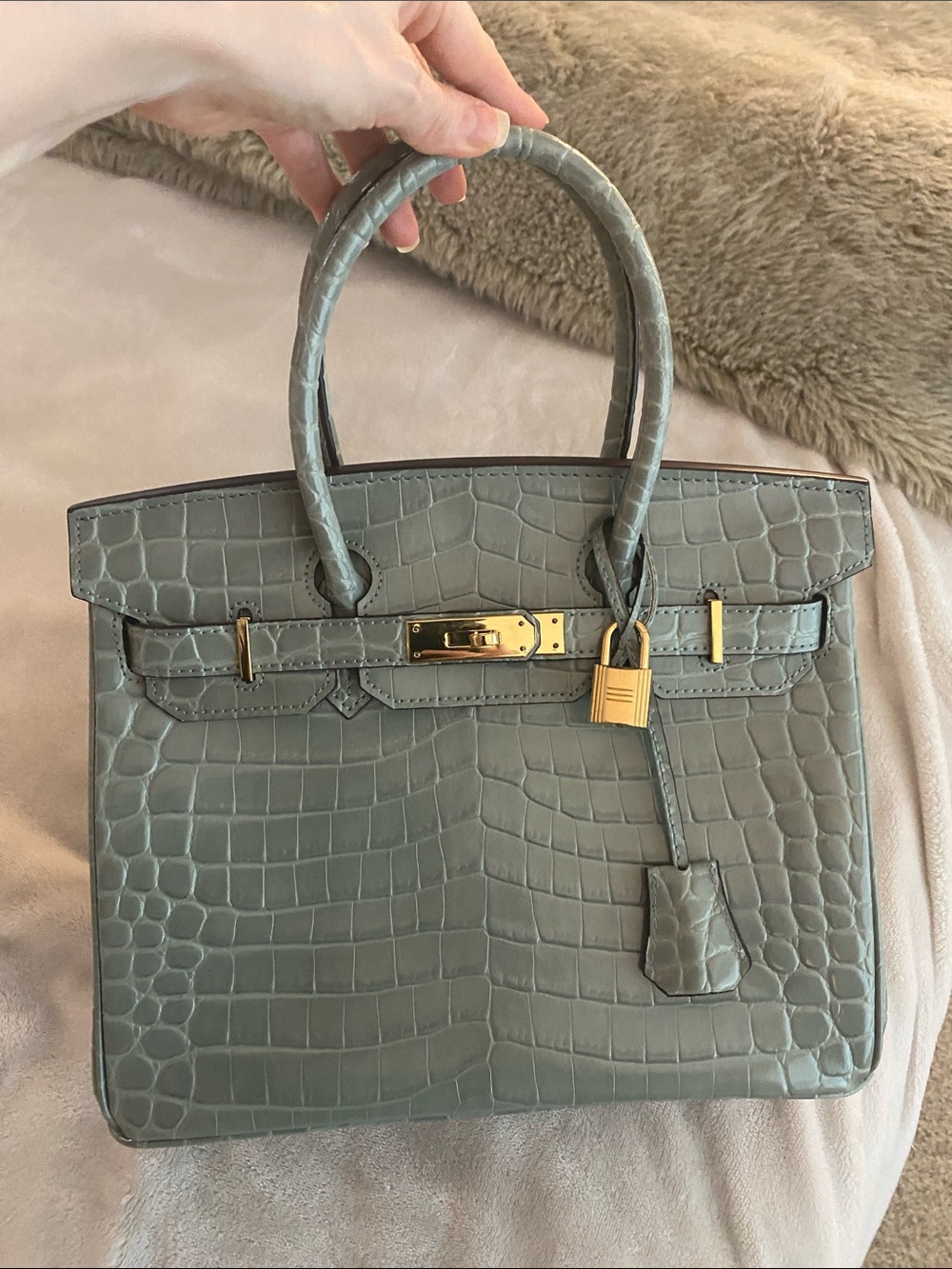 30cm dusty  sea foam blue grey crocodile leather ghw top handle handbag birkin
